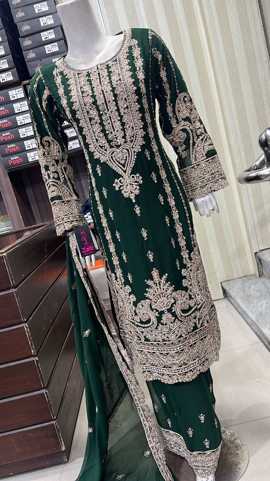 ShaZaib Eid 26 Chiffon Party Plazzo BottleGreen - Image 3