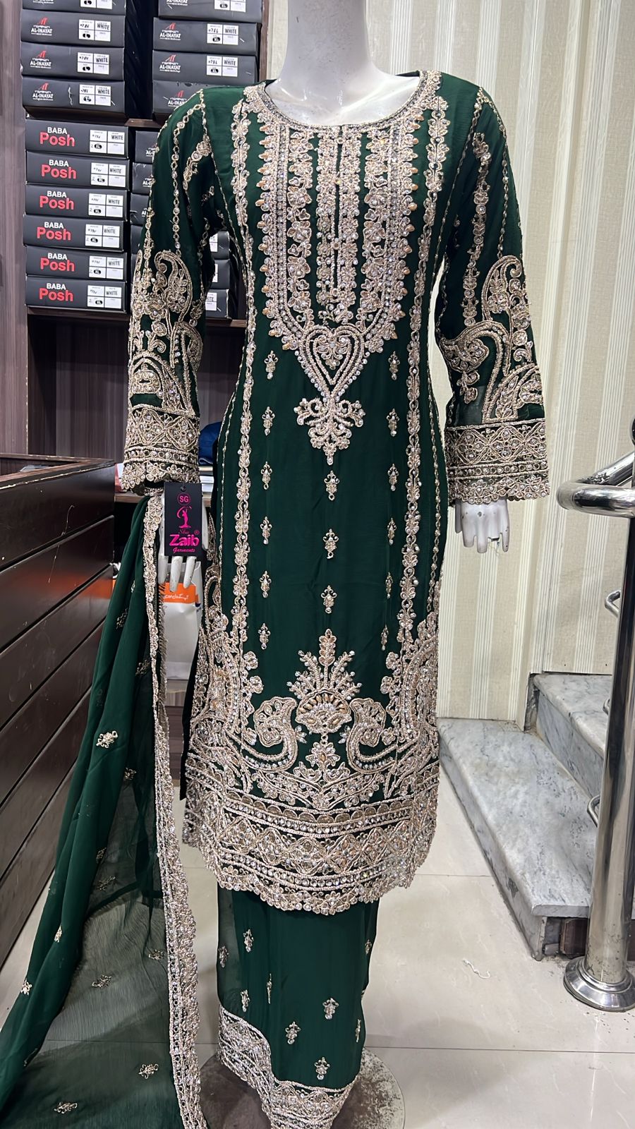 ShaZaib Eid 26 Chiffon Party Plazzo BottleGreen